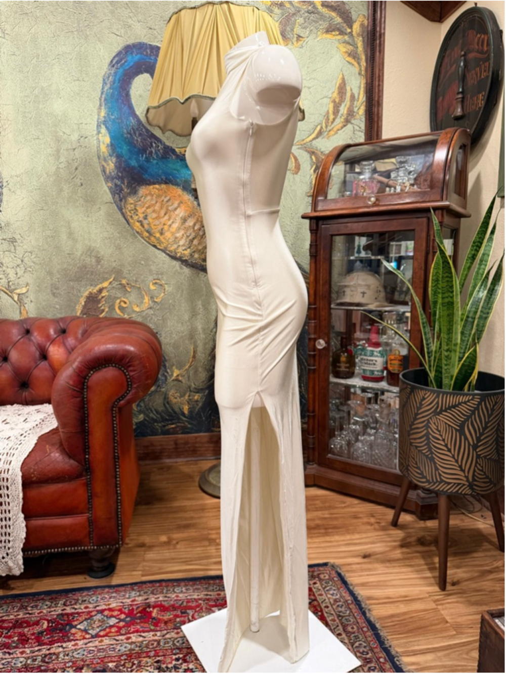 Oh Polly Maxi Dress US 0 Cream One Shoulder Asymmetrical Cape Sophisticated Glam - Picture 5 of 12